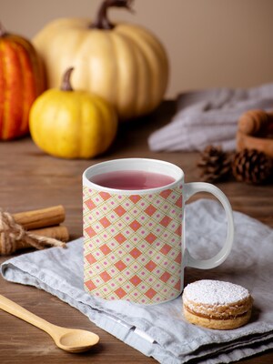 12oz Coffee Mug Sunshine Lemonade Orange Pink Argyle. High-quality sublimation inks on ceramic mug. Orange Pink Argyle Print Coffee Mug - image2